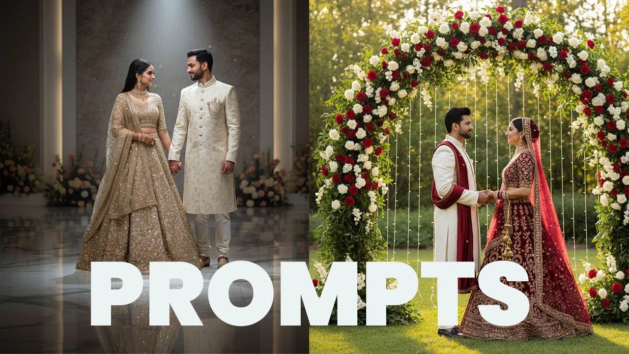 Read more about the article 10 Trending Gemini AI Copy-Paste Prompts for Bride and Groom, Ultra-realistic Indian Wedding Portrait, Create a Full-Body, Head-to-Toe